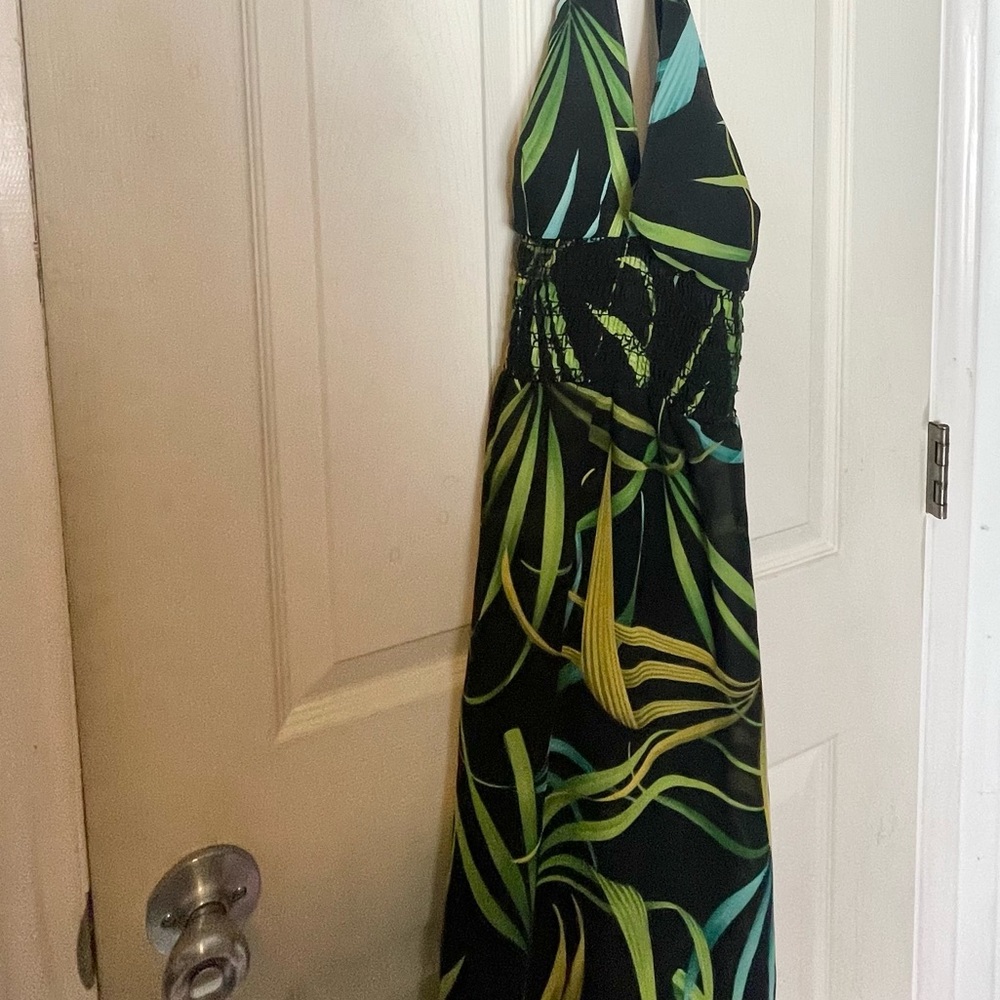 La Palapa dress M green leaf printed womens euc
